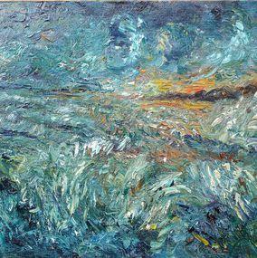Mare impetuoso al tramonto olio su canapa