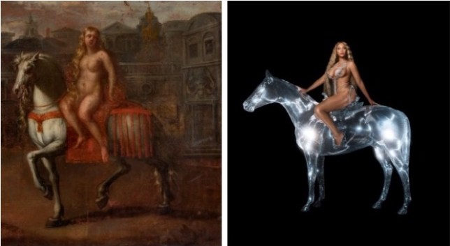 À gauche : Adam van Noort, Lady Godiva, 1586, à droite : Beyoncé, Couverture de l'album « Renaissance » © @beyonce sur Instagram