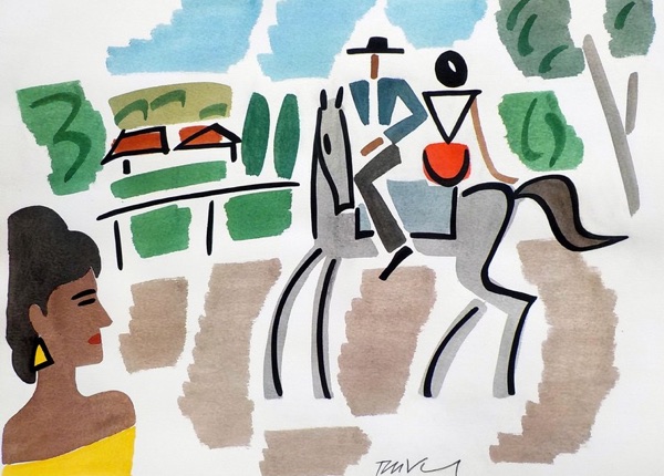 art naïf, art folklore, folk art, peinture folklorique, Andalouse et couple de cavaliers de Bertrand de Vismes